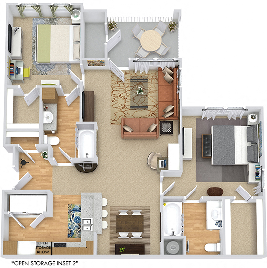 Hickory 3D. 2 bedroom apartment. Kitchen with bartop open to living/dinning rooms. 2 full bathrooms. Walk-in closets. Patio/balcony with storage.